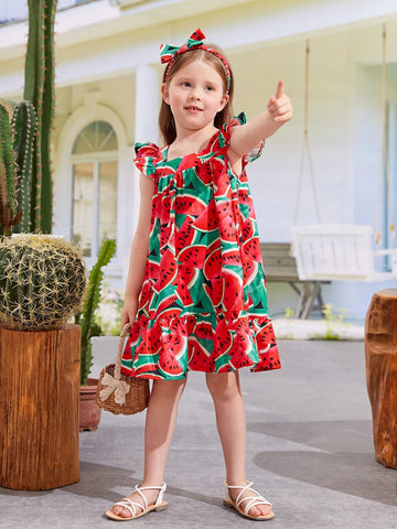 Toddler Girls Watermelon Print Ruffle Trim Smock Dress