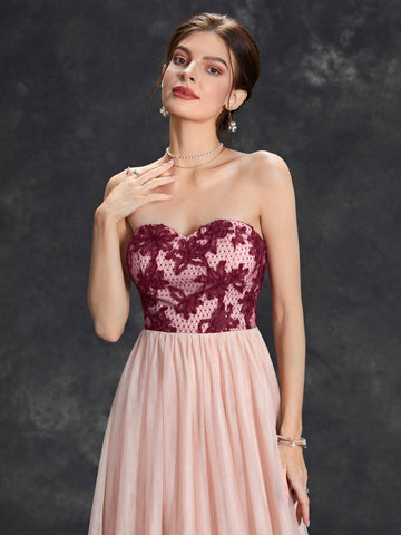 Floral Embroidery Mesh Tube Bridesmaid Dress