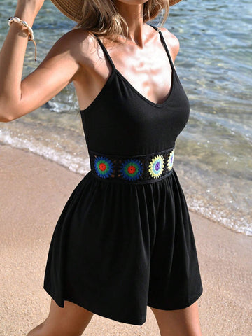 Acation Style Color Block Crochet Trim Woven Strap Jumpsuit With Elastic Waist,Bohemian Style