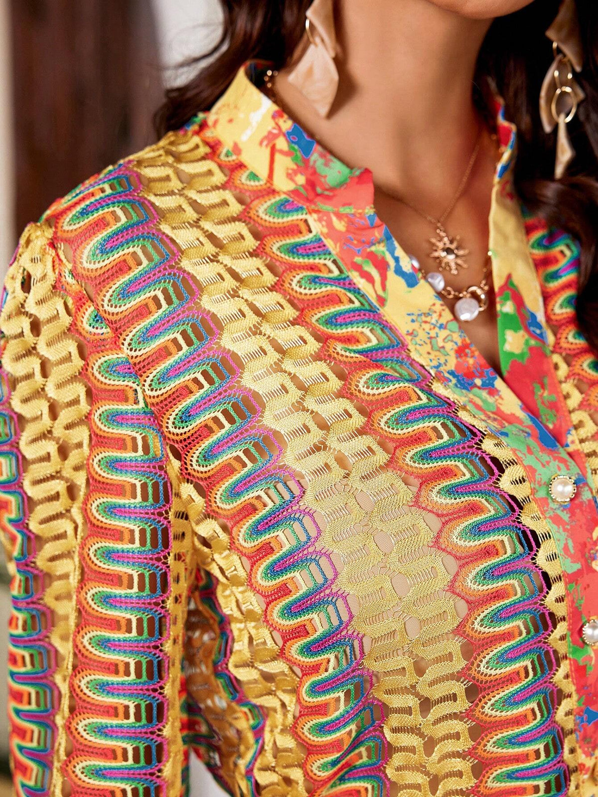 VCAY Color Block Sheer Long Sleeve Shirt For Elegant Vacation Look