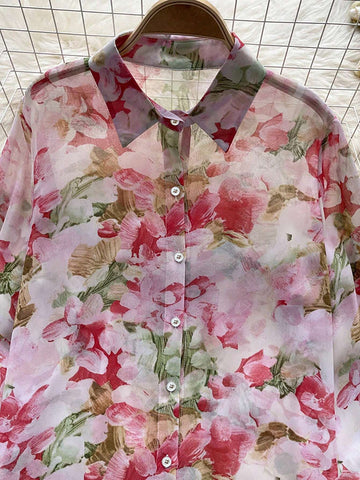 VCAY Floral Print Turn-Down Collar Long Sleeve Button Front Shirt