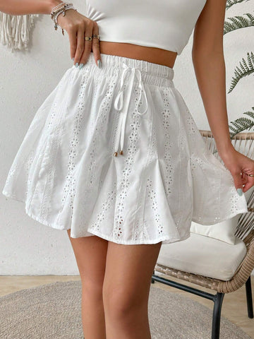 VCAY Hollow Embroidery Drawstring Waist Simple Vacation Summer Short Skirt