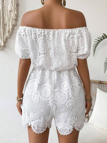 Ladies" Hollow-Out Water-Soluble Embroidery Off-Shoulder Bubble Sleeve Casual Jumpsuit For Summer Holiday