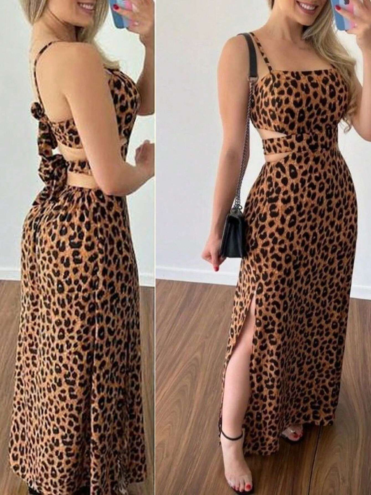 Leopard Print Spaghetti Strap Hollow Out Waist Slit Women Dress