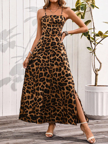 Leopard Print Spaghetti Strap Hollow Out Waist Slit Women Dress