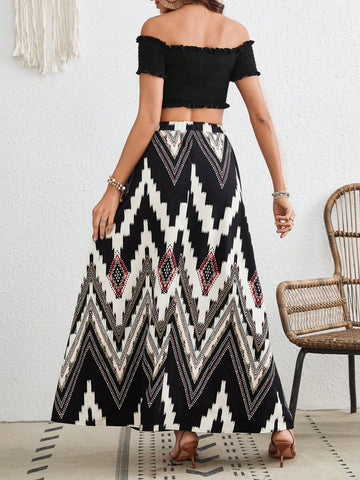 Off Shoulder Cropped Shirred Top And Front Slit Skirt, Vacation 2pcs Outfit