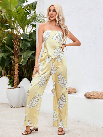 Plant Print Strapless Top And Pants Set