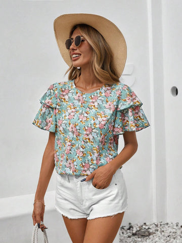 VCAY Resort Style Double Collar Cap Sleeve Women Shirt