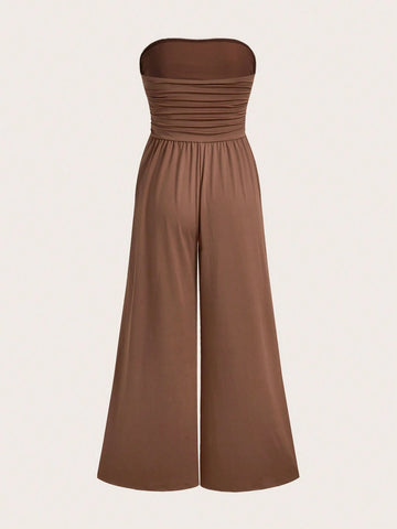 Resort Style Solid Color Knitted Bodycon Strapless Jumpsuit For Spring/Summer
