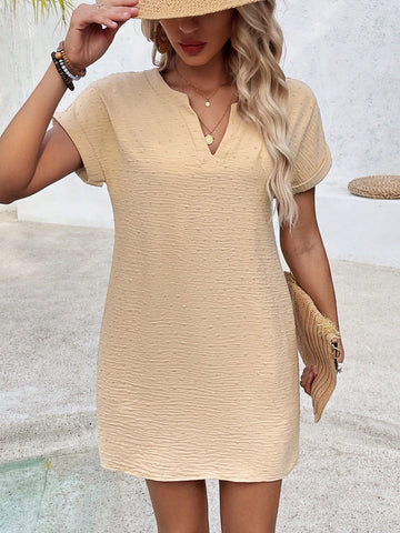 Solid Color Batwing Sleeve Dress With Notched Neck