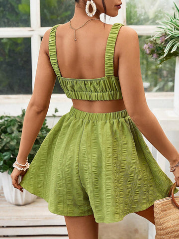 Solid Color Woven Halter Hollow-Out Waist Women Jumpsuit For Vacation