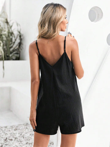 Solid Color Woven Loose Short Jumpsuit With Two Side Pockets And Spaghetti Straps, Perfect For Vacation