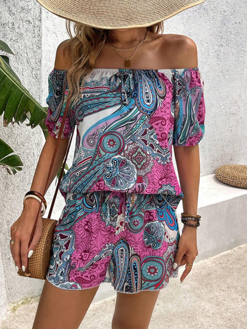 Spring/Summer Printed Off-Shoulder Crop Top And Shorts Set For Holiday/Leisure