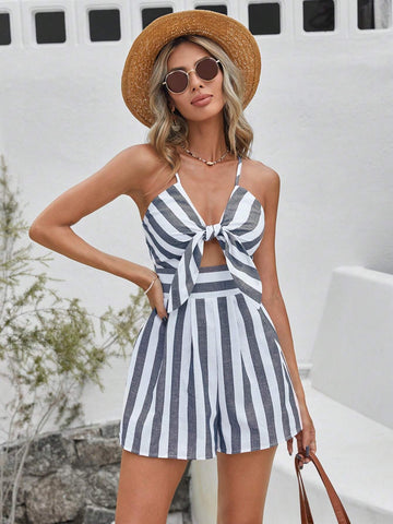 Vacation Woven Striped Front Tie Cami Jumpsuit For Women
