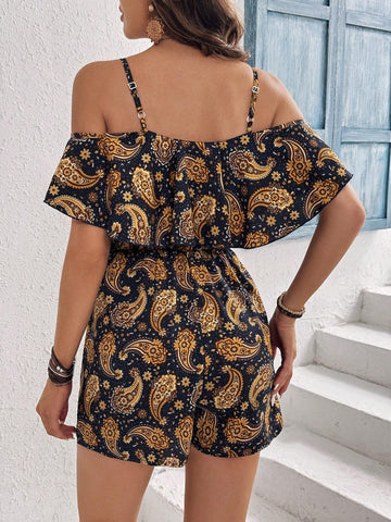 Vintage Off-Shoulder Printed Jumpsuit With Ruffle Hem For Women Holiday Outfit