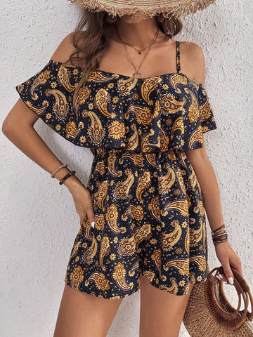Vintage Off-Shoulder Printed Jumpsuit With Ruffle Hem For Women Holiday Outfit