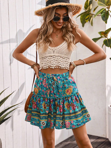 VCAY Vintage Printed Ruffle Hem Vacation Style Spring/Summer Mini Skirt