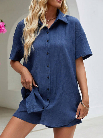 Women Casual Solid Color Short Sleeve Shirt And Drawstring Shorts Set, Suitable For Summer