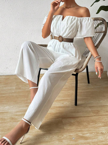 Women Fashionable White Jumpsuit With Off Shoulder Neckline And Waist Tie For Slim Fit