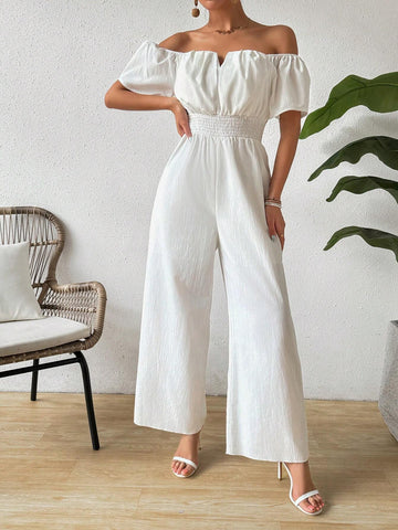 Women Fashionable White Jumpsuit With Off Shoulder Neckline And Waist Tie For Slim Fit