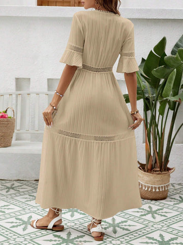 Women Lace Patchwork Long V-Neck Charming Maxi Dress