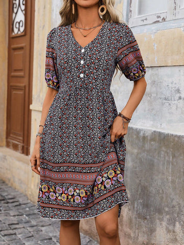 Women Short Puff Sleeve Dress With Floral Print, Button Decoration And Vacation Style For Summer