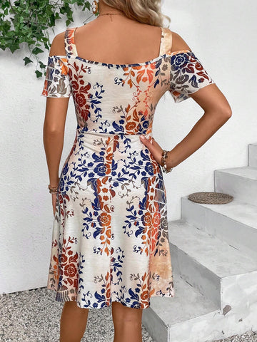 Women Summer Holiday Style Floral Print Off-Shoulder Short Sleeve Dress
