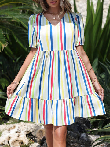 Women Summer V-Neck Striped Short Bubble Sleeve Doll Dress