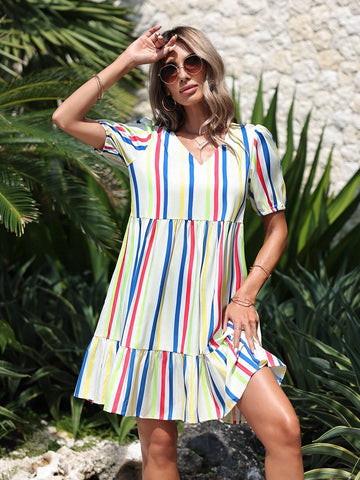 Women Summer V-Neck Striped Short Bubble Sleeve Doll Dress
