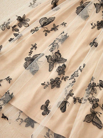 VCAY Women's Butterfly Sheer Mesh Lace-Up Halter Sleeveless Dress