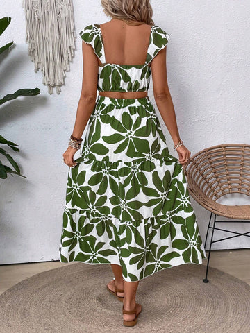 Women's Fashionable Summer Short Sleeve Green Printed Top And Midi Skirt Set