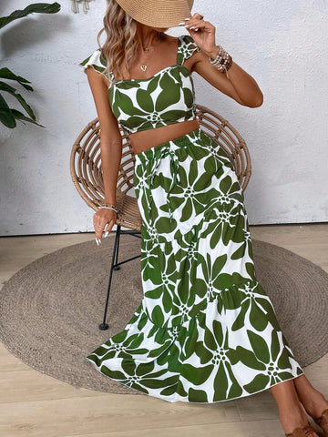 Women's Fashionable Summer Short Sleeve Green Printed Top And Midi Skirt Set
