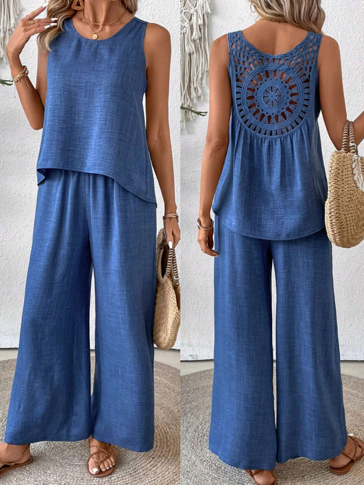 Women's Lace Patchwork Vest And Wide Leg Pants Set, Perfect For Summer Vacation