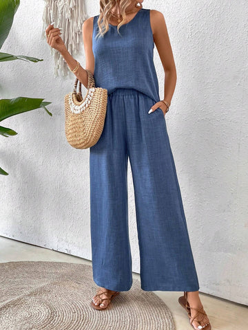 Women's Lace Patchwork Vest And Wide Leg Pants Set, Perfect For Summer Vacation