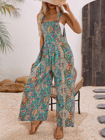 Women's Paisley Printed Beach Style Jumpsuit For Summer Vacation