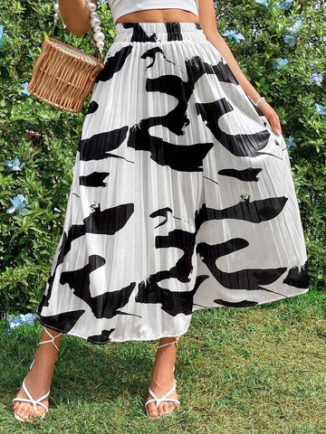 VCAY Women's Random Printed Pleated A-Line Skirt