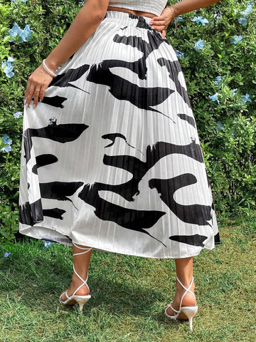 VCAY Women's Random Printed Pleated A-Line Skirt