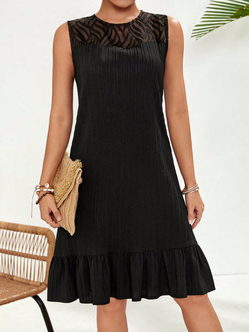 VCAY Women's Sleeveless Mesh Patchwork Black Dress