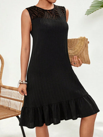 VCAY Women's Sleeveless Mesh Patchwork Black Dress