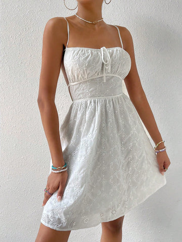 Eyelet Embroidery Tie Front Backless Cami Dress