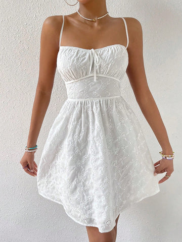 Eyelet Embroidery Tie Front Backless Cami Dress