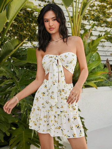 Floral Printed Crop Top With Knot Detail And Ruffled Hem Skirt