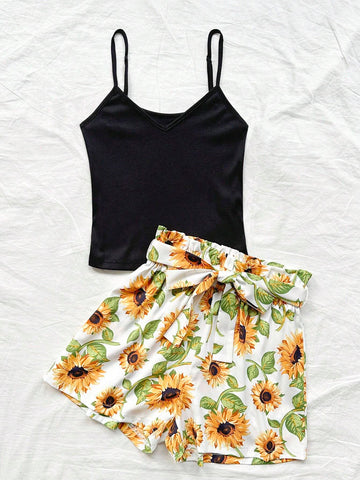 Women Summer Solid Color Tank Top And Sunflower Printed Shorts Set For Vacation And Casual Occasions
