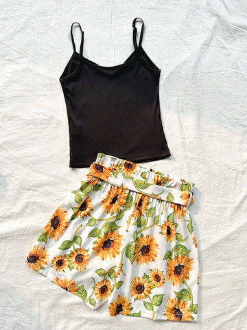 Women Summer Solid Color Tank Top And Sunflower Printed Shorts Set For Vacation And Casual Occasions