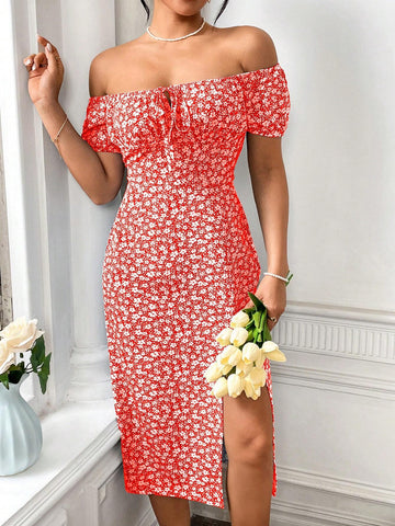 Women Summer Vacation Style Off-Shoulder Short Sleeve Floral Print Split Hem Elegant Dress