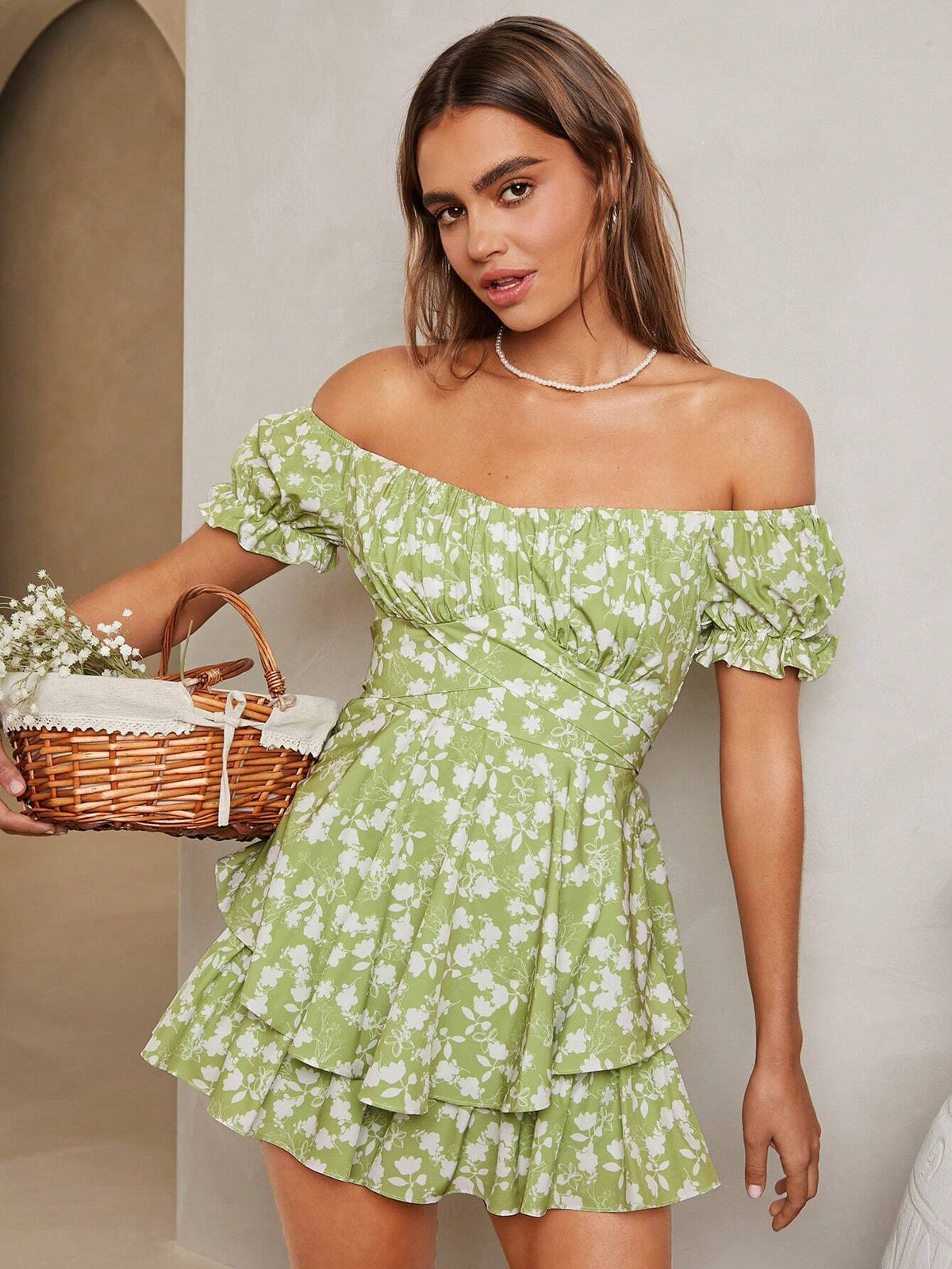 Women's Romantic Countryside Style Bubble Sleeve Jumpsuit With Off-Shoulder, Ruffle Hem And Short Pants, Perfect For Summer Vacation