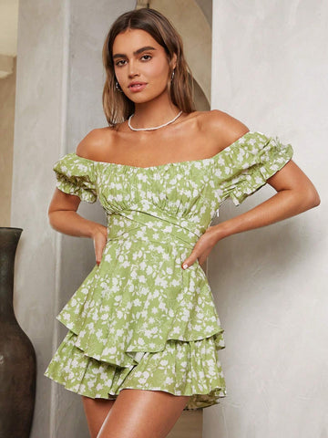 Women's Romantic Countryside Style Bubble Sleeve Jumpsuit With Off-Shoulder, Ruffle Hem And Short Pants, Perfect For Summer Vacation