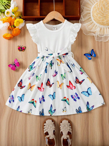 Wedding Diary Flower Girl Dress New Style Knit Ribbed Strap Top With Floral-Printed Skirt & Belt For Little Girls