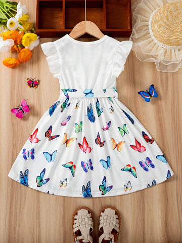 Wedding Diary Flower Girl Dress New Style Knit Ribbed Strap Top With Floral-Printed Skirt & Belt For Little Girls