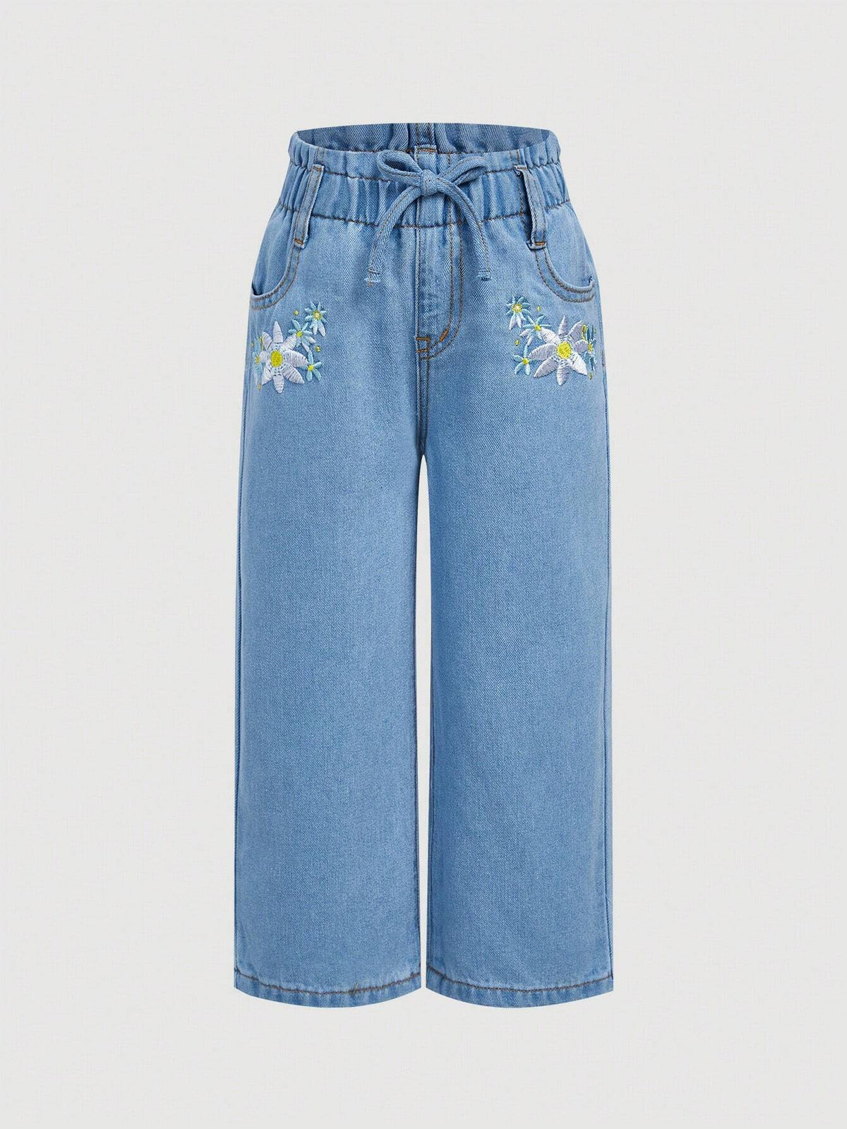 Young Girl Stylish Water-Washed Jeans With Paperbag Waist And Embroidered Flowers